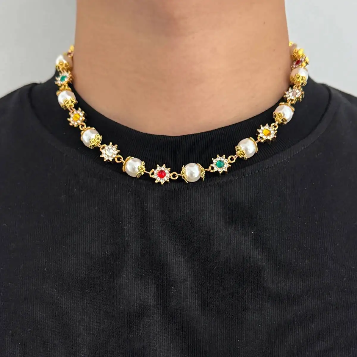 Salircon Trendy Luxury Shinny Colorful Rhinestone Short Necklace Women Men Imitation Pearl Choker Chain Wed Bridal Jewelry Gifts