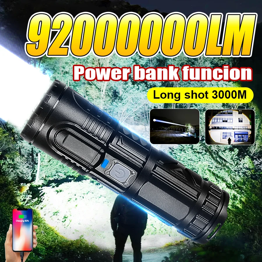 

92000000LM White Laser Ultra Bright Flashlights COB High Power Tactical Torch Lantern Rechargeable Waterproof Outdoor Flashlight