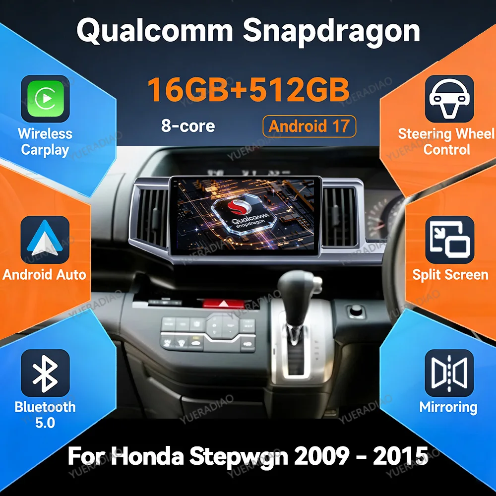 Android 17 Car Radio For Honda Stepwgn 2.0 RK 2009 - 2013 - 2015 GPS NAVI Touch Screen BT Double Din Head Unit 4G LTE 5G WIFI FM