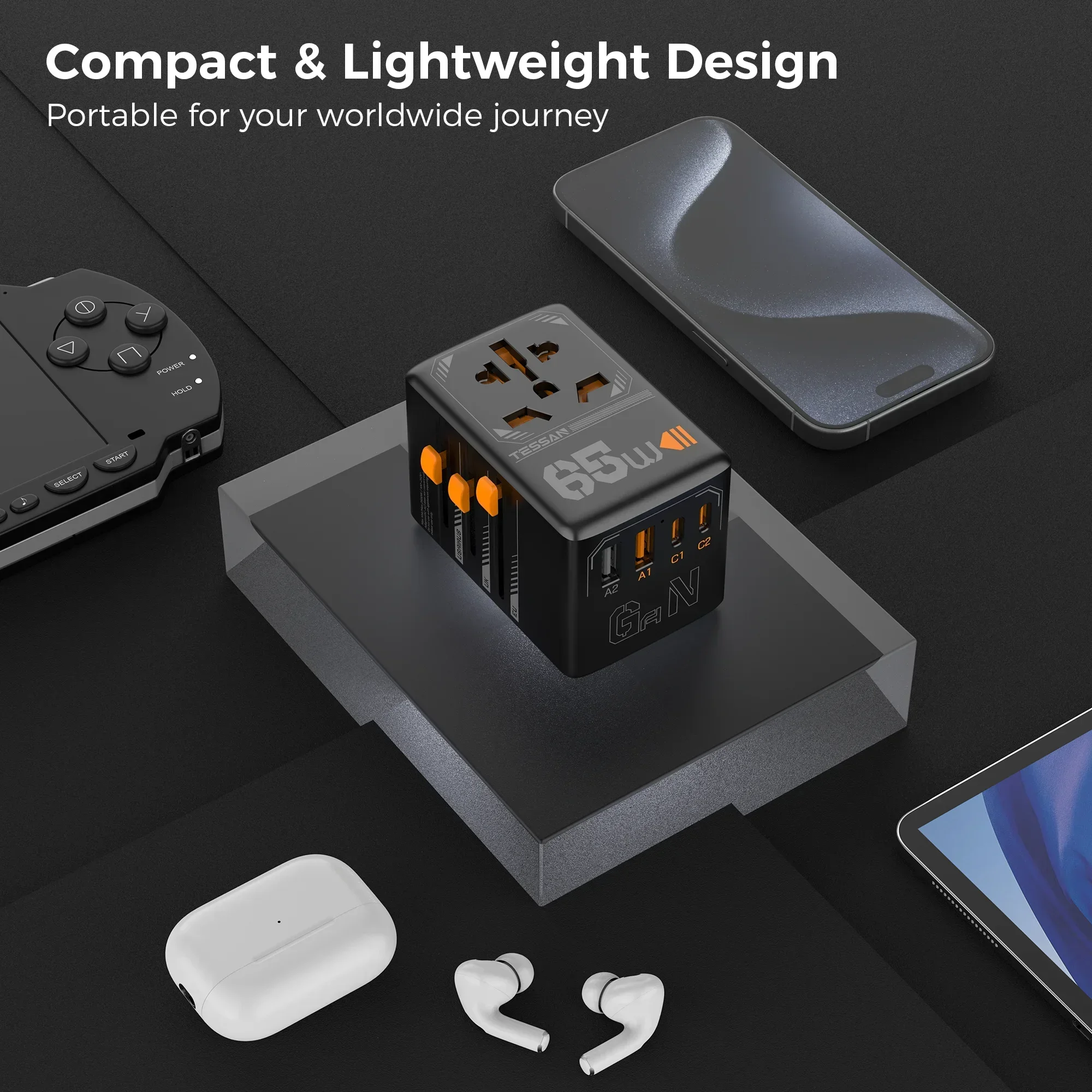 TESSAN 65W GaN International Plug Travel Adapter with USB Type C Worldwide Universal Power Adapter EU/UK/USA/AUS Plug for Travel