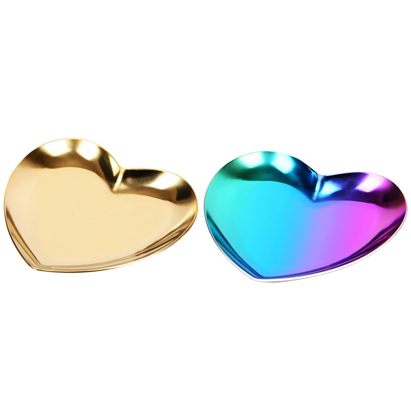 2Pcs Heart Shaped Jewelry Serving Plate Metal Tray Storage Arrange Fruit Tray Home - Gold & Bright Color