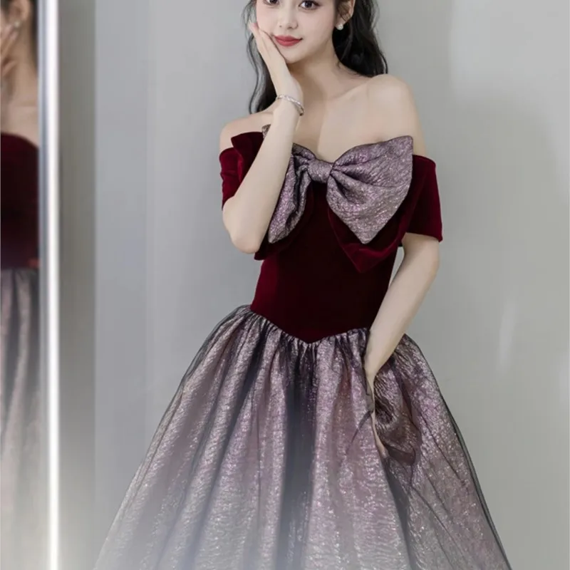 Wine red toasting dress light luxury small sense of banquet feminine one-line shoulder