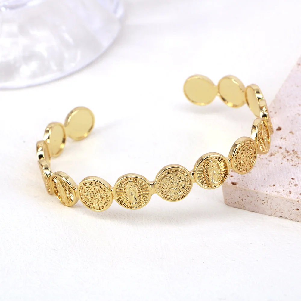 

3PCS, Gold Color Jesus Christ Round Medal Bangle Copper Virgin Mary Cuff Bracelet For Women Men Religious Jewelry