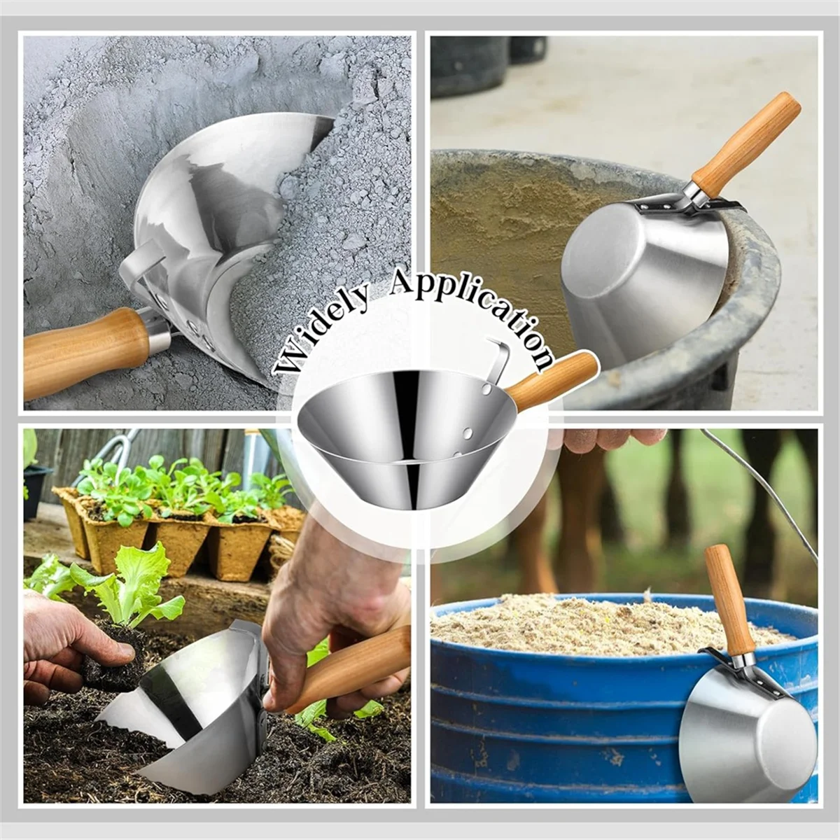ABNJ Galvanized Steel Bucket Scoop Wood Handle Strong Heavy Duty Rust Bucket Scoop for Construction Landscaping Stucco Tools view 3
