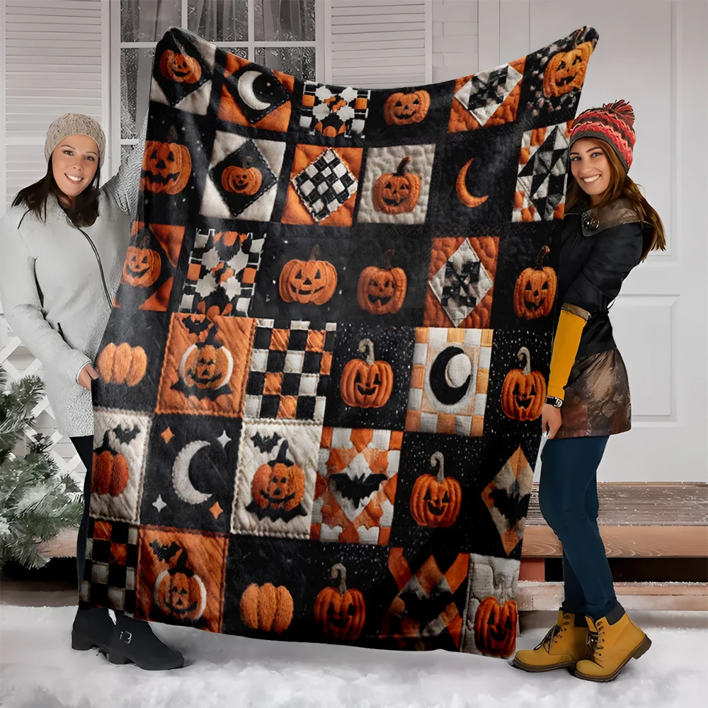 1 Piece of Vintage Patchwork Square Flannel Blanket with Pumpkin, Bat, and Moon Prints, Black and Orange Halloween Personalized Living Room Decorative Soft Throw Blanket