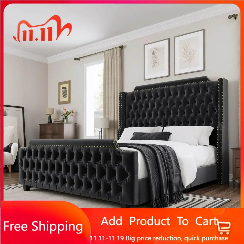 Platform Bed Frame with Wingback Headboard & Deep Button Tufted Footboard, Velvet Upholstered Bed Frame with Handmade Pleats