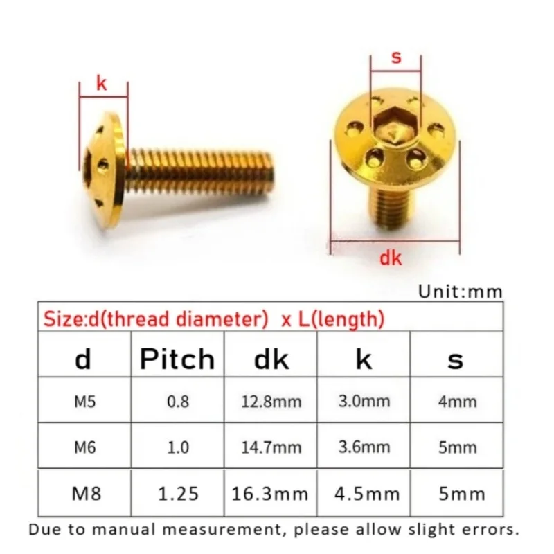 M5 M6 M8 Motorcycle Flat Head Screws 304 Stainless Steel Vacuum Plated Hex Socket Flat Screws For Bike Motorcycle Anti-corrosion