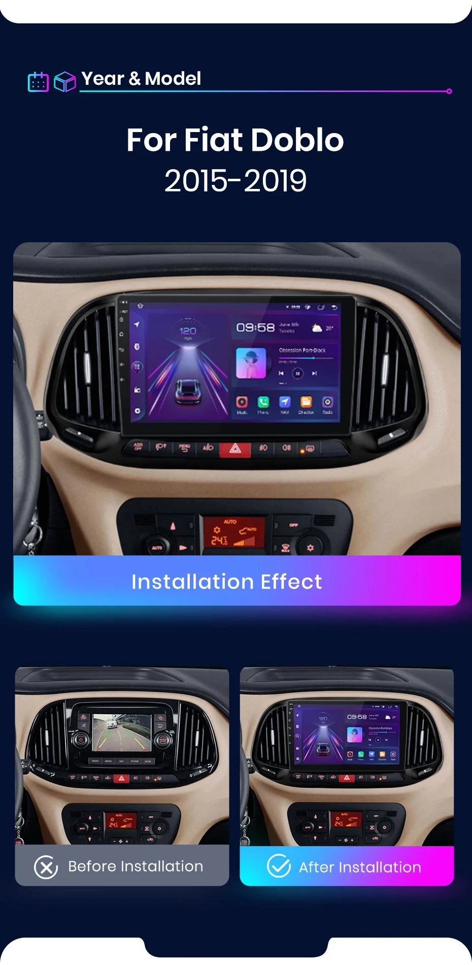 Junsun Kabelloses Carplay Android Auto Autoradio für Fiat Doblo 2015 - 2019 GPS Intelligente Systeme Stereo Multimedia Autoradio – Detail 3