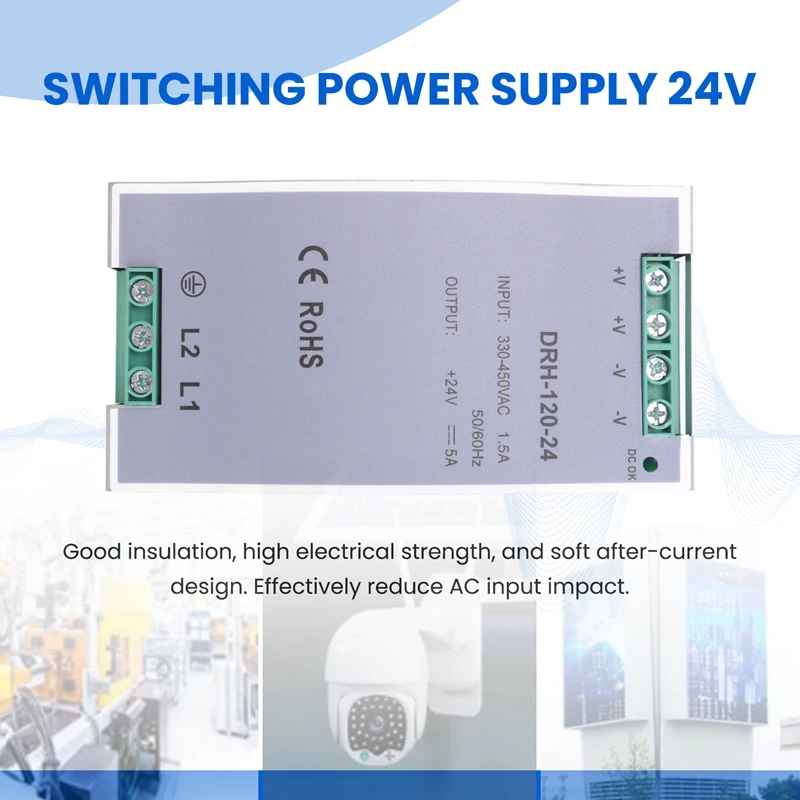 XTECH DRH-120-24 تحويل التيار الكهربائي 380AC 120 واط إخراج واحد 24 فولت الصناعية Din السكك الحديدية مفتاح إمداد الطاقة