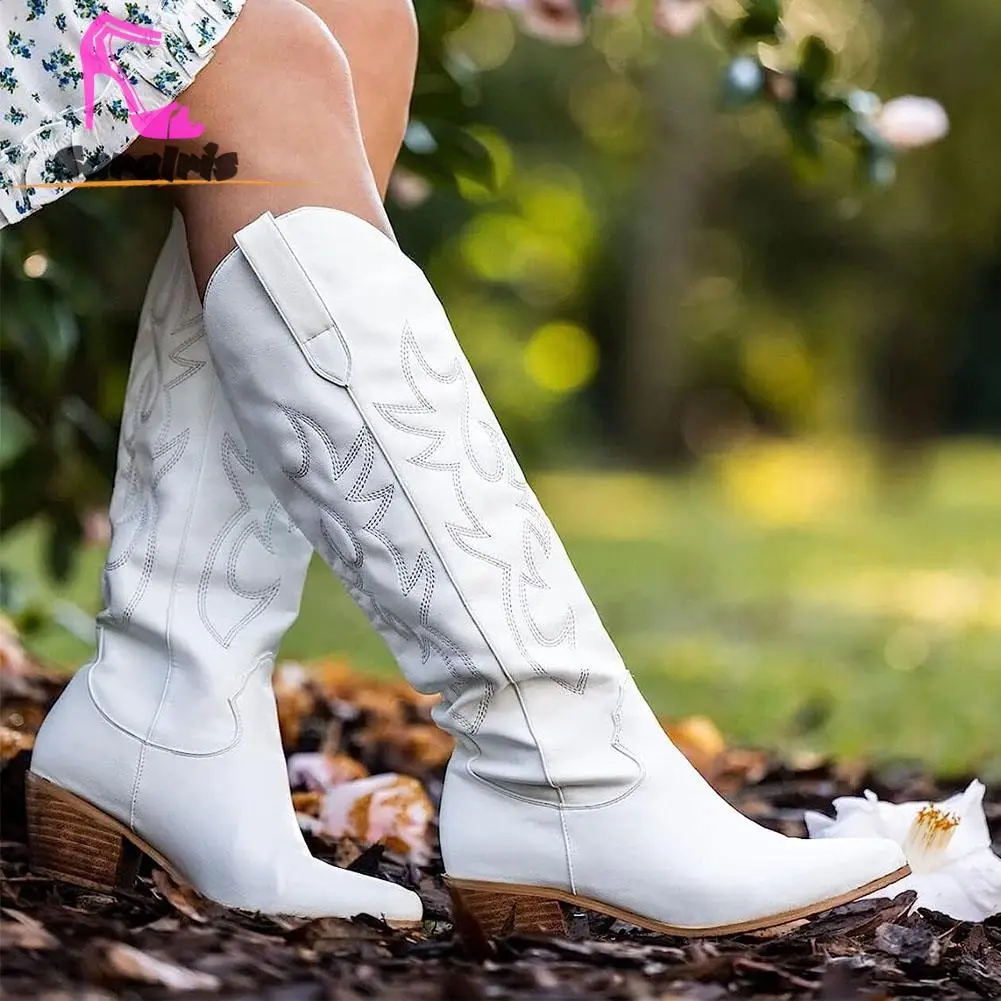 

Cowboy Boots For Women 2023 Wide Calf Mid High Cowgirl Boots Embroidery Pointed Toe Mid Heel Retro Fashion Tall Western Boots