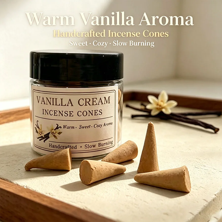 Creamy Vanilla Aromatherapy Cones, Naturally Handmade, Long-Lasting Slow-Burning, Gentle and Sweet Scent, for Relaxation and Sleep, Cozy Home Fragrance, Yoga and Meditation, Indoor and Outdoor Use, Gift.