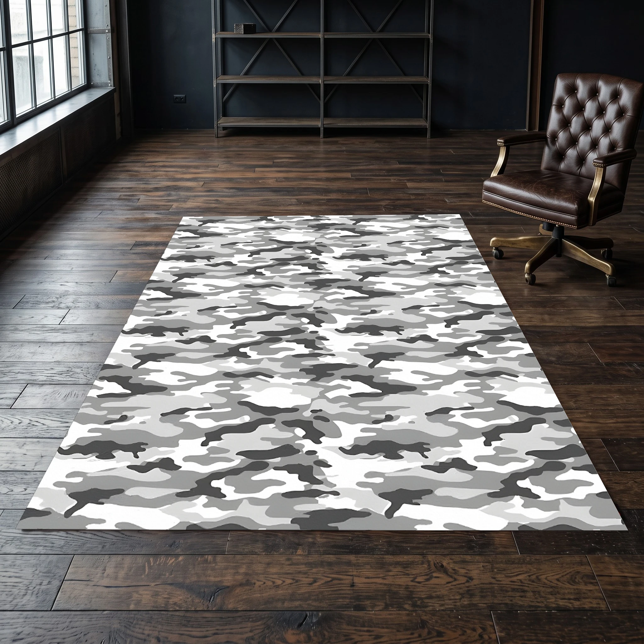 2D Carpet with Gray Camouflage Pattern as a Cool and Trendy Choice for Living Room and Bedroom Flooring