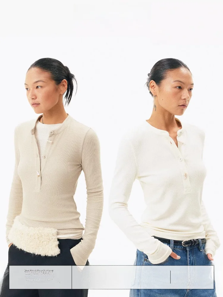 

Age of Ascent Henry Collar Knitted Wool Blend Sweater Button Detail Irregular Pattern Base Layer Soft Breathable Commute Sle