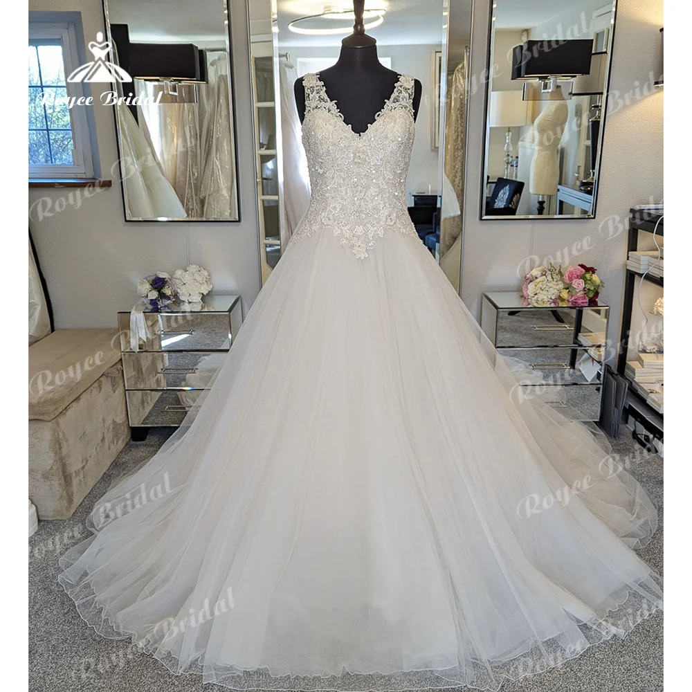 Roycebridal-vestido de novia de lujo con cuello en V, apliques de encaje, línea A, cuentas, vestido de novia de playa, 2025