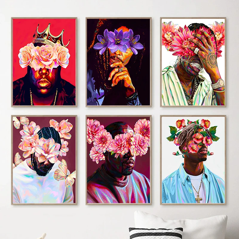 Hip Hop Rapper Star With Flowers Posters Canvas Painting Abstract Tupac Biggie JuiceWRLD Singer Wall Art For Room Home Decor