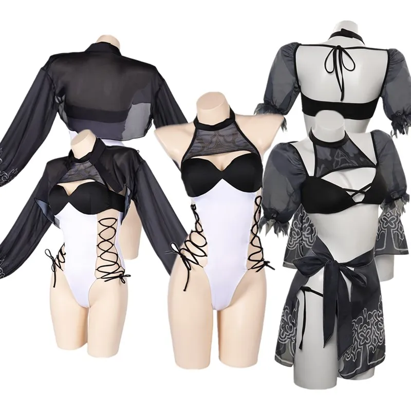 NieR 2B Cosplay No2 Type Swimsuit Costume Women Fantasy Bikini Swimwear Jumpsuit Cloak Outfits Halloween Carnival Party Suit