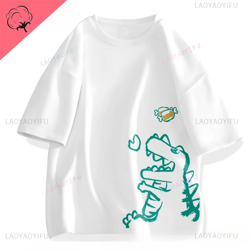 Cute cartoon dinosaur print Harajuku street fashion retro trend summer men and women universal round neck short-sleeved T-shirt