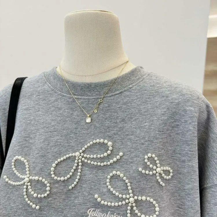 Bead Embroidered Bow Sweatshirts Autumn High Sense Korean Fashion O-neck Loose Long Sleeve Top Women Pullover Sweatshirt Tops