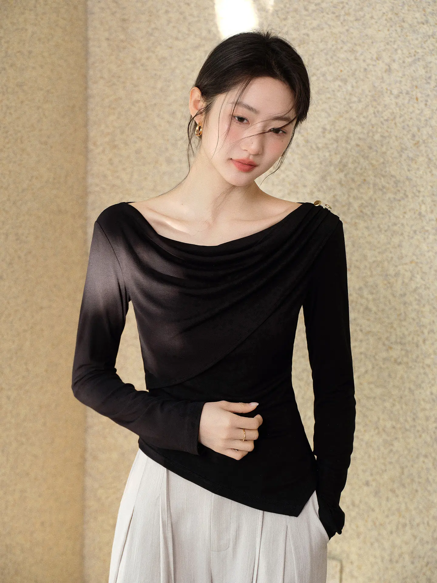 Title 2 Women Slim Fit Cowl Neck Top Draped Ruched Waist T Shirt Stretch Long Sleeve Tee Elegant Spring Casual Chic Lady Outfit