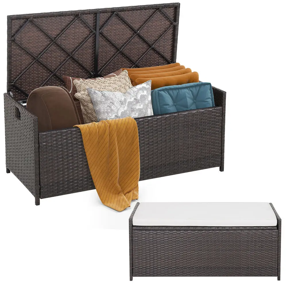 

34 Gallon Outdoor Storage Patio Bench Patio Wicker Deck Box w/ Off White Cushion