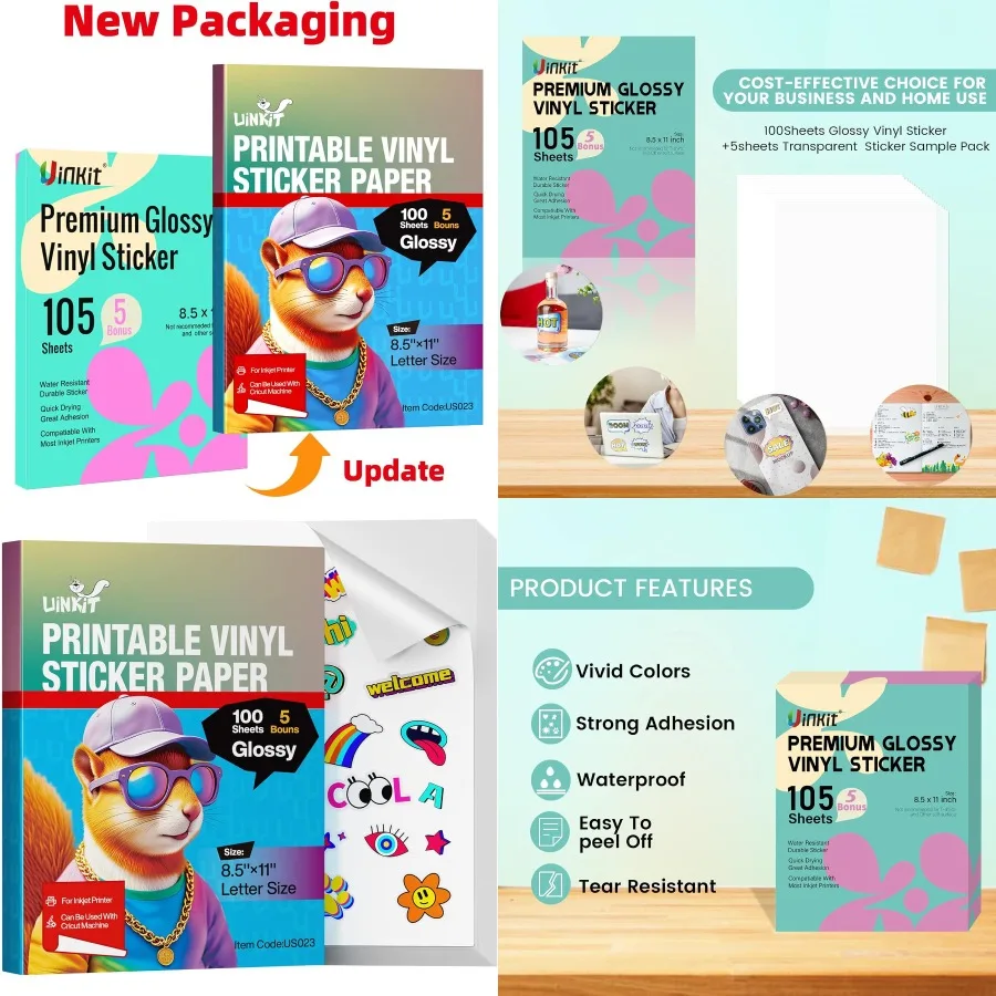 Uinkit 105 Sheets Premium Printable Vinyl Sticker Paper for Inkjet Printer Cricutincluded 100Sheets Glossy and 5Sheets Transpar