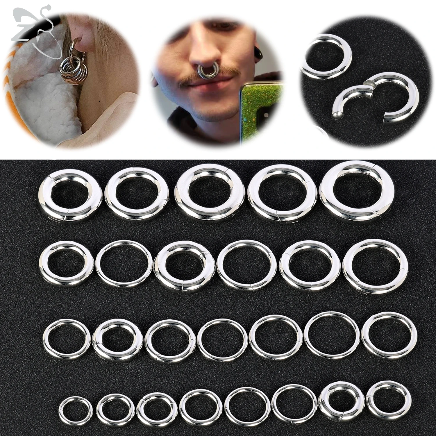 ZS 1 PC Pierścienie do uszu ze stali nierdzewnej Mierniki do uszu Srebrny kolor Nosze Pierścień przegrody Pierścień Duży kolczyk Piercing do układania w stosy
