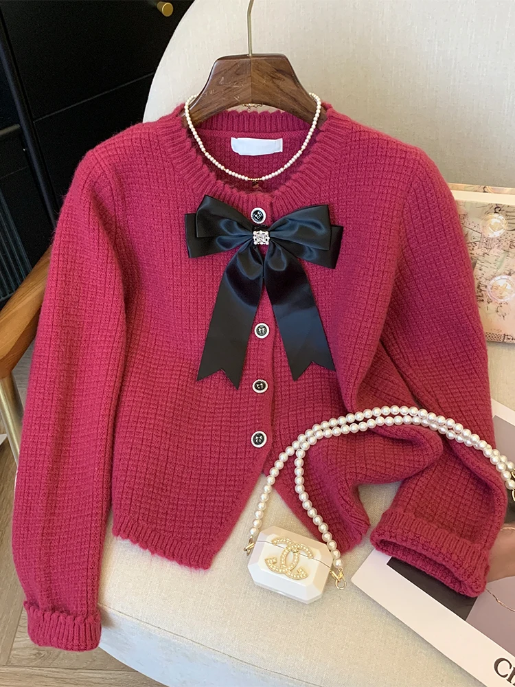 Damski różowy sweter z kokardą sweter Harajuku koreański Y2k długie rękawy O-Neck kaszmirowe swetry sweter Vintage 2000s ubrania jesień