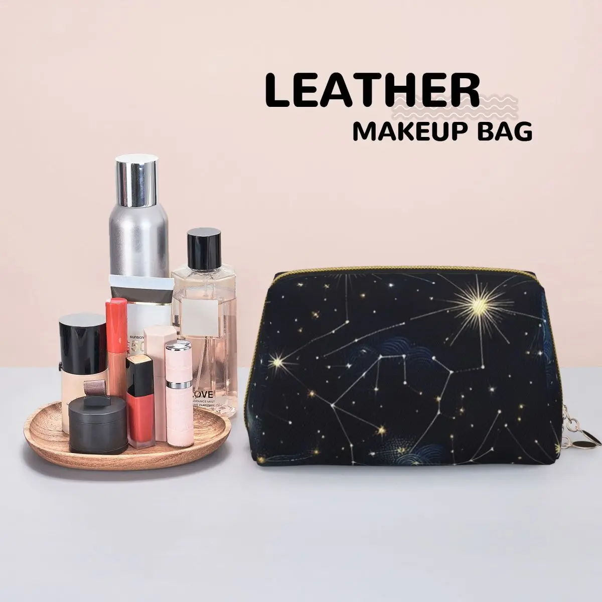 Night Sky Golden Celestial Stars Zodiac Constellations Women Cosmetic Bags Travel Makeup Organizer Pouch Toiletry Storage