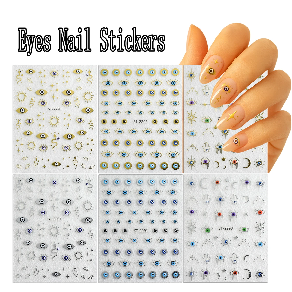 3/6/12 feuilles d'autocollants pour nail art mauvais œil or argent – autocollants auto-adhésifs métalliques mystique lune étoile serpent pour manucure à faire soi-même