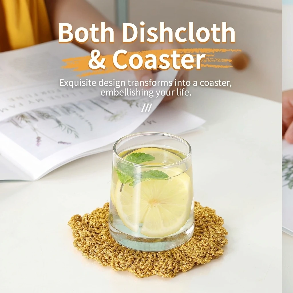 Korean Hand Crochet Golden Wire Dishcloth Non-stick Oil Scrubber, Multi-use Rag Round Cup Coaster for Dish Pot Kitchen Cleaning