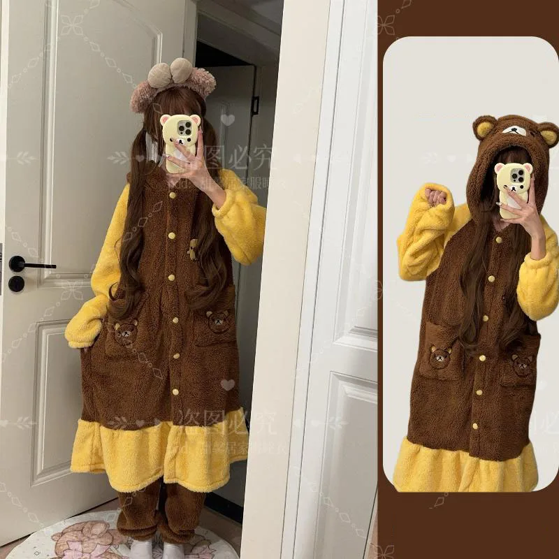 2024 Kawaii Cute Rilakkuma Hooded Pajamas Coral Fleece Nightgown Pants Set Thickened Insulation Autumn Winter Gift for Girls