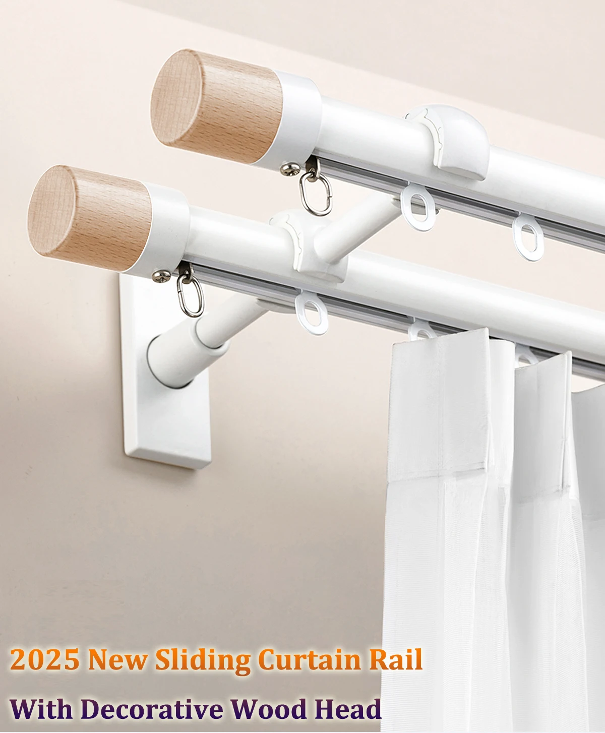 2025 New Roman Rod Set Sliding Curtain Rail 1.5MM Thick Aluminum Alloy Wall Mounted with Decorative Wood Head,Pulley,Brackets