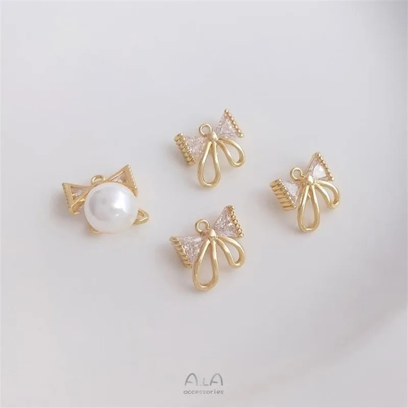 

14K Gold Color-preserving Zircon Bow Half-hole Bead Holder Pendant, Bow Tie Pearl Holder, Handmade DIY Sticky Bead Pendant.