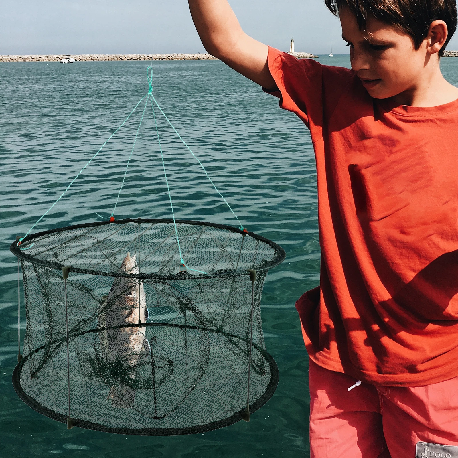 

Fishing Cage Premium Nylon Foldable Mesh Portable Shrimp Net Trap Crabs Lobster Crawfish Multi-Function Bait Fishing