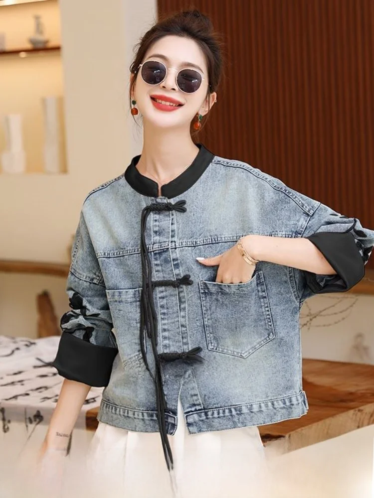 New Chinese Style Denim Jacket Trendy Spring Autumn Women's Clothing Unique Sample Garment Tagkita Brand Commute Style Loose Fit
