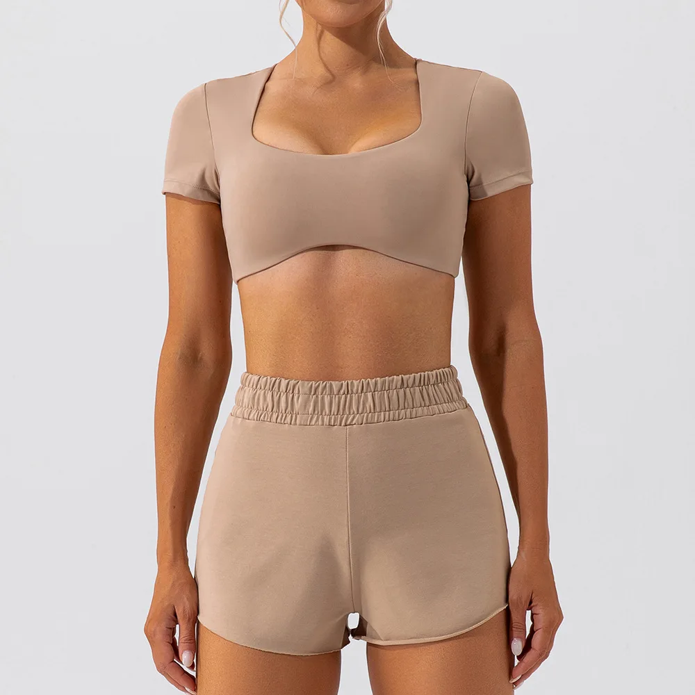 

Women’s Fitness Yoga Set Short Sleeve Crop Top with High Waist Shorts, Gym Workout Outfit, Running Sportswear,Exercise Tracksuit