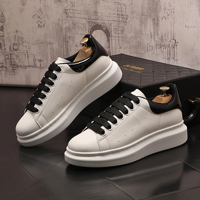 Korean style men's casual platform shoes lace-up white shoe original leather flats sneakers breathable street footwear zapatos