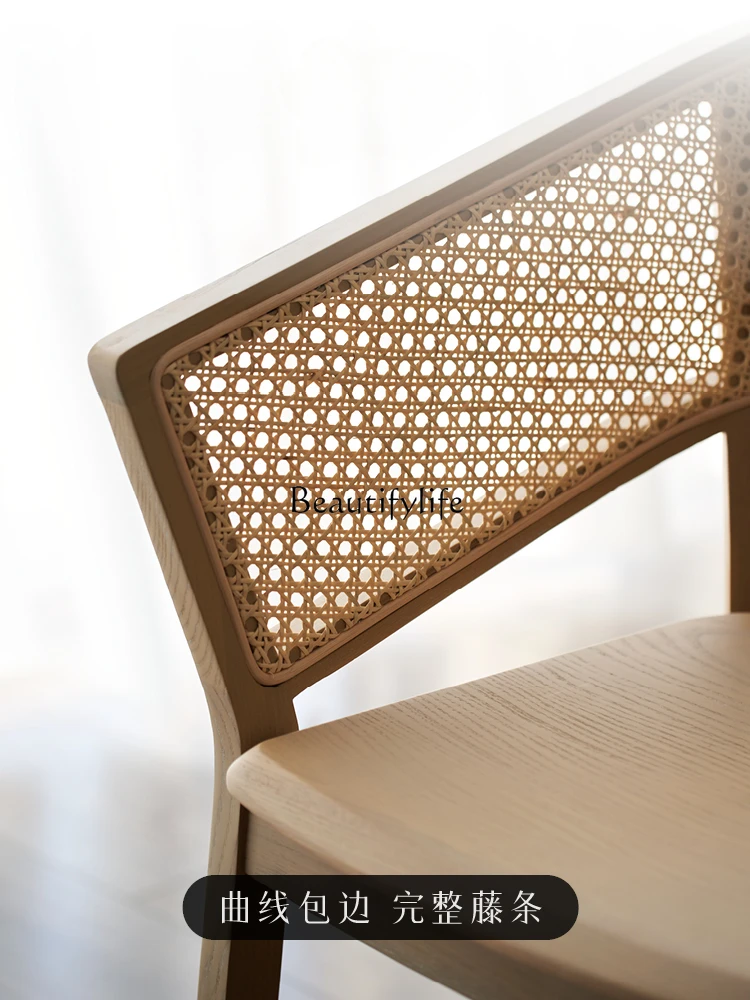 Modern Simple and Comfortable Rattan White Wax Wood Home Tea Room Solid Wood Dining Chair