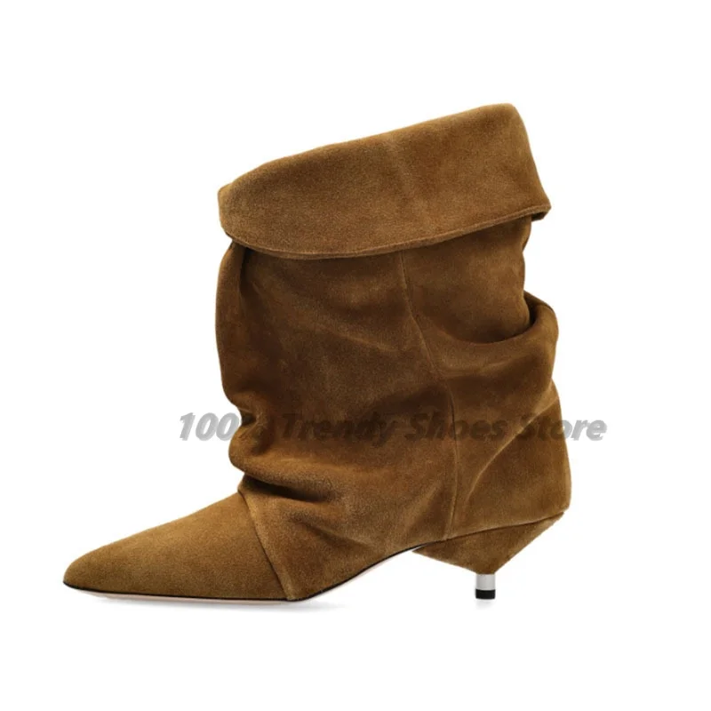 

Foreign Trade Frosted Suede Pointed Toe Fine Heel Low Heel Fashion Plus Size Cat Heel Western Boots Short Boots Women's Shoes