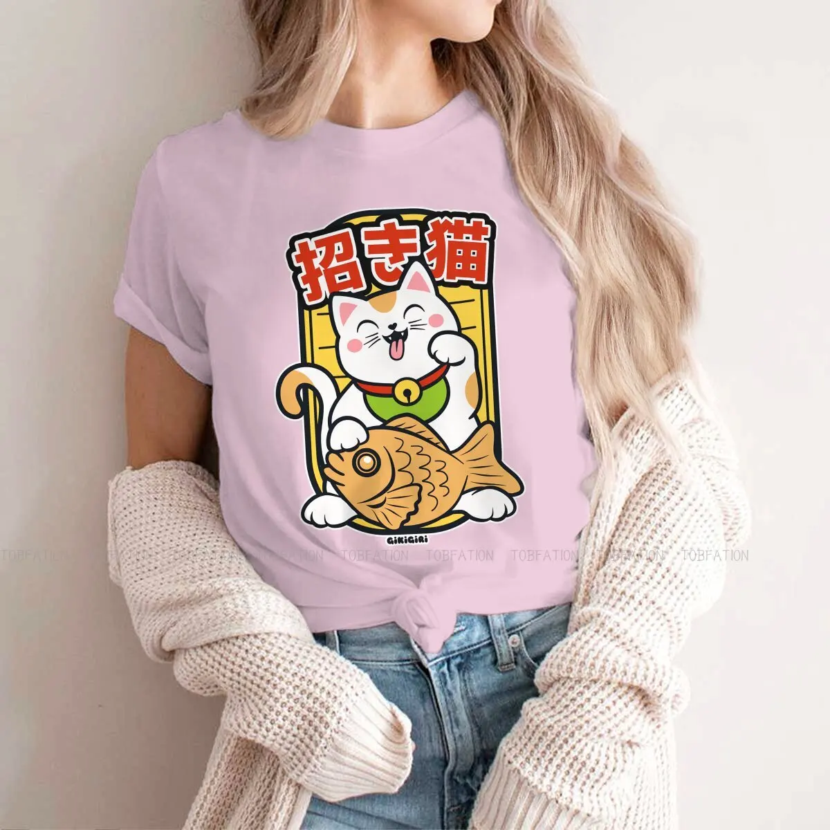 Lucky Cat Women T Shirt Maneki Neko Taiyaki with Fish Classic Female Tops Harajuku Funny Tees Ladies 5XL Cotton Tshirt