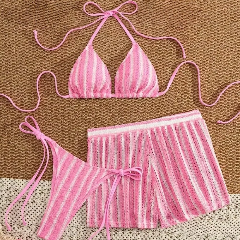 

Fashion Stripes 3 in 1 Swimwear Set Sleeveless Slim Fit Bikini Bathing Suit Lace Up Deep-V Knitting Swimsuit Swimming Pool