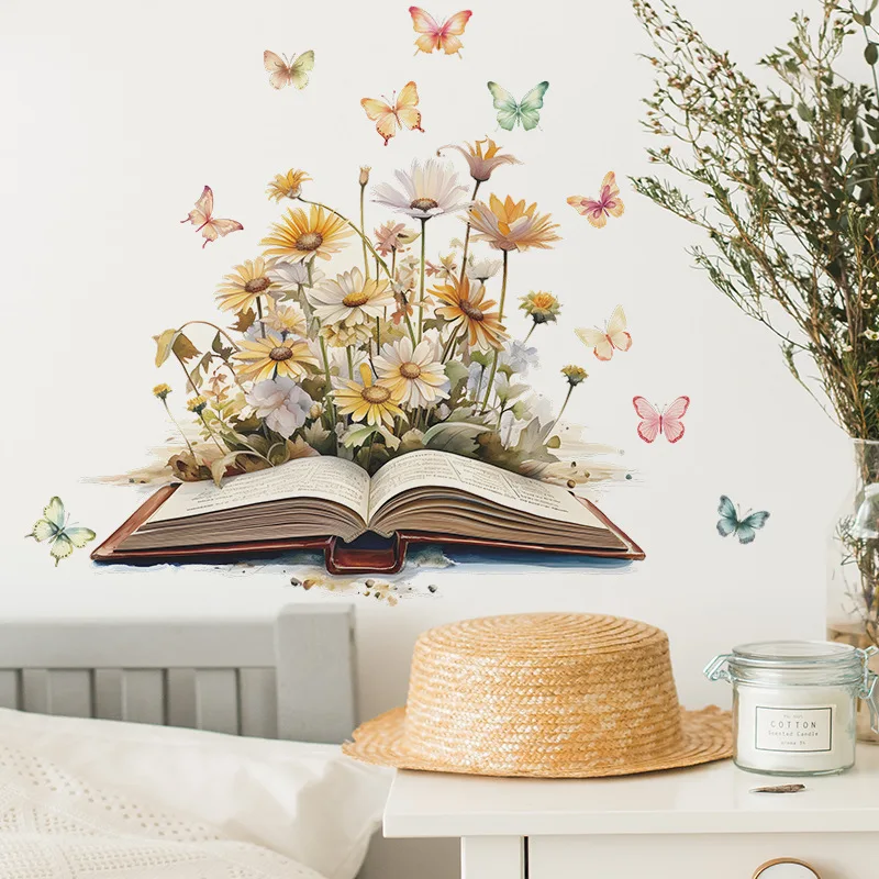 1pcs Beautiful Romantic Book Flowers Butterfly Bedroom Porch Home Decoration Wall Stickers Self-Adhesive