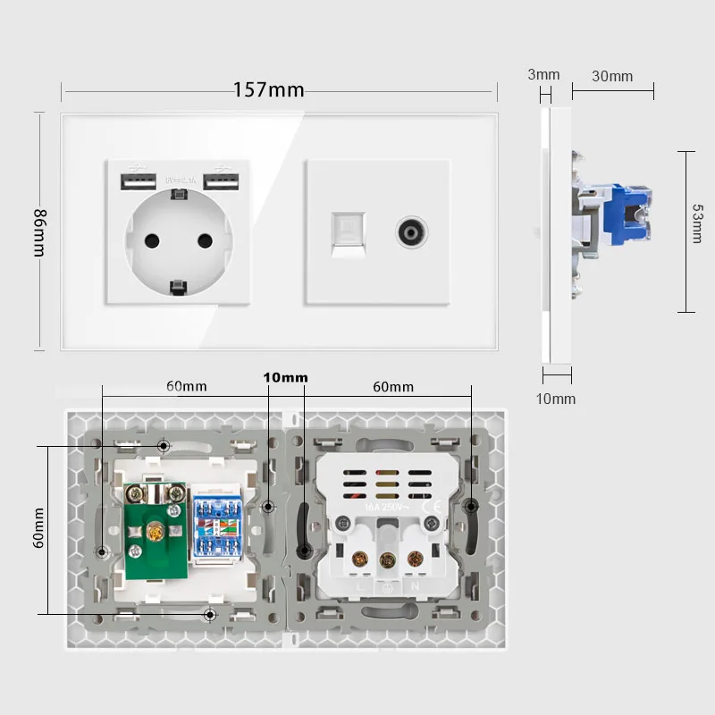 NYWP - European Union standard wall socket, television and telephone, tempered glass, RJ45 Cat6 wall connector, computer Interne