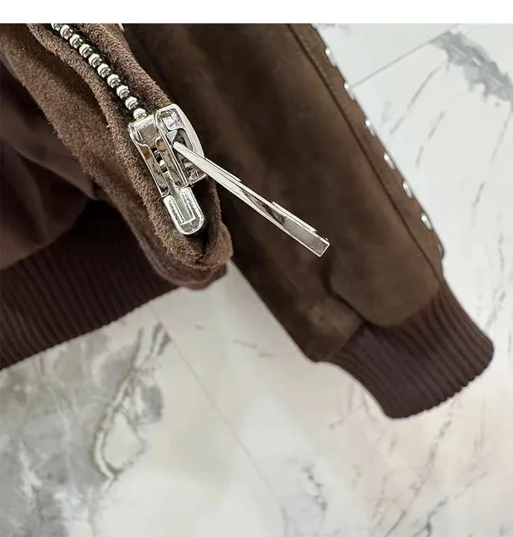 Vintage Women's Genuine Kid Suede Leather Jacket 2025 Rivet Stylish Coat Green Leather Bomber Jacket Baseball Uniform Mujer Ropa