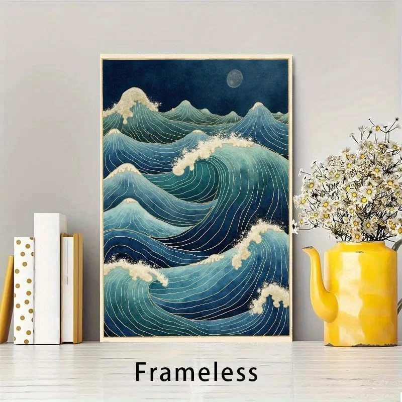 طباعة فنية قماش Ukiyo-e اليابانية بدون إطار على شكل موجة المحيط - لوحة ساحلية باللون الأزرق الداكن والفيروز، ديكور جداري حديث وبسيط #1