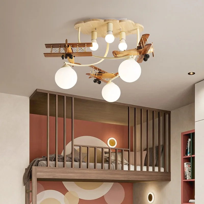 

Wooden Plane Lamp Creative Airplane Chandelier Light for Nursery Room Children's Bedroom Ceiling Lights for Boy Kids LED E27