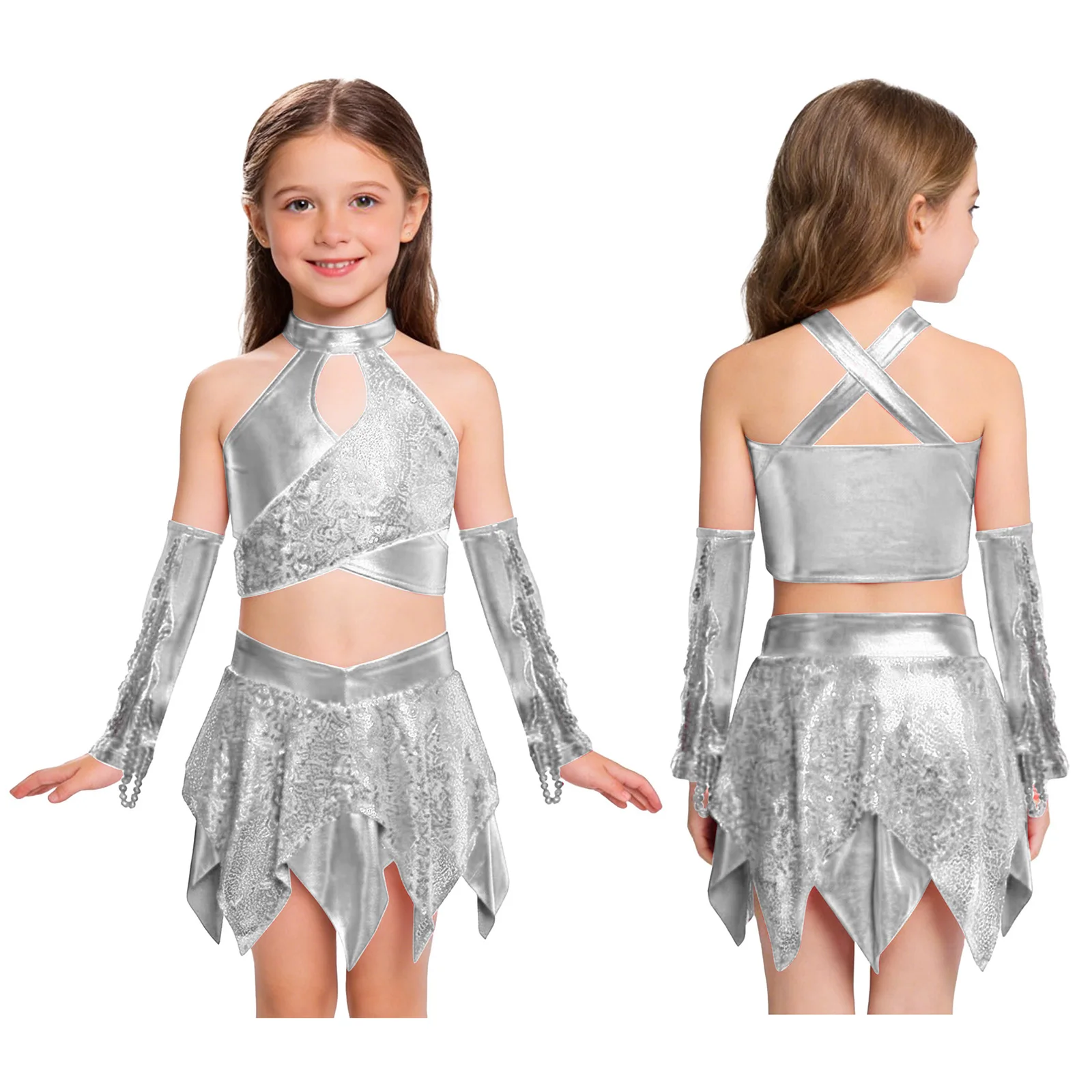 Kids Girls Hip Hop Jazz Dance Outfit Cheerleading Performance Costume Shiny Sequins Metallic Crop Tank Top with Culottes Set