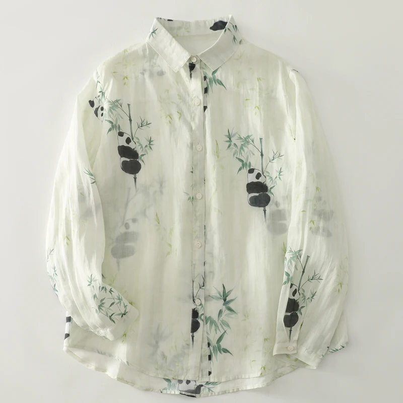 Jesienny Nowy Nadruk Panda Sle, Artystyczny Top Damski, Luźny Krój, Długi Rękaw, Mieszanka Bawełny i Poliestru