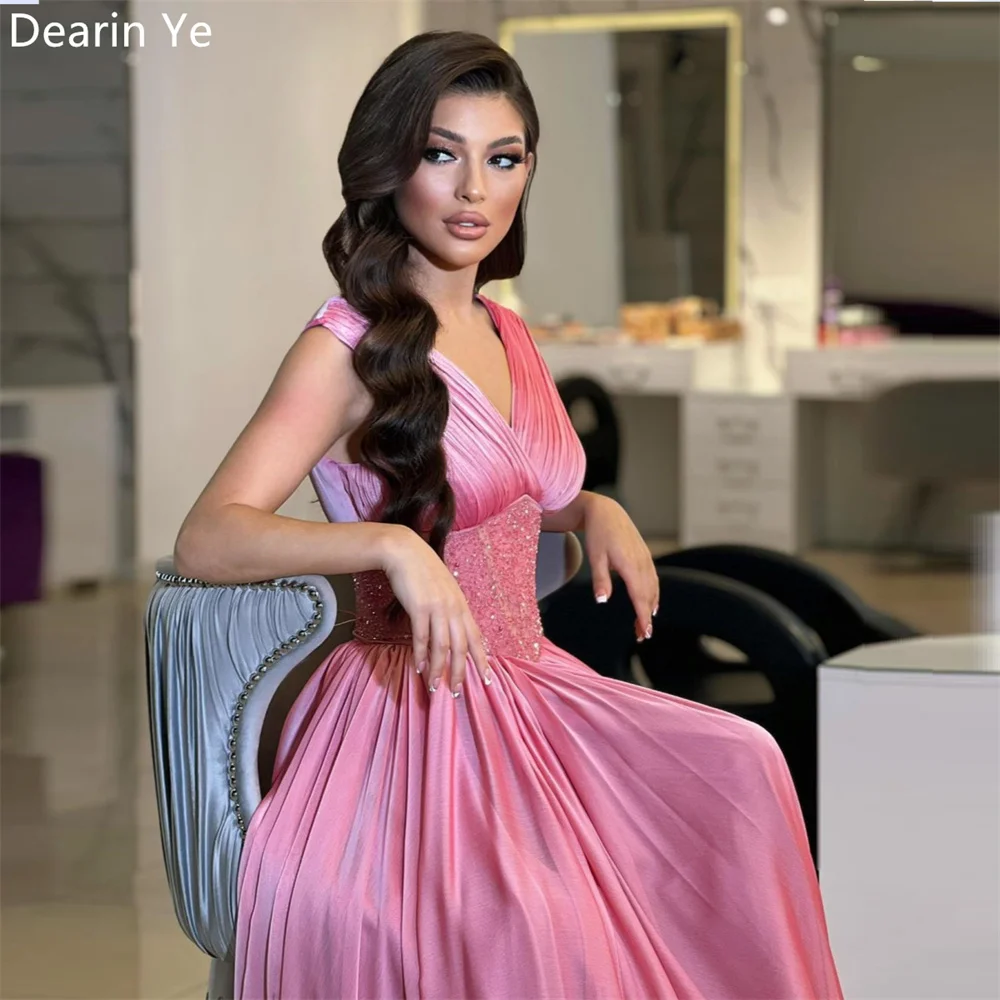 

Customized Formal Dress Evening Dearin V-neck A-line Floor Length Skirts Draped Beading Sleeveless Fold Bespoke Occasion Dresses