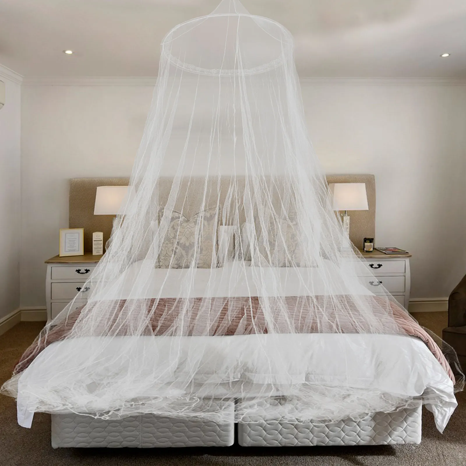 

Single Door Large Round Dome Bed Canopy Elegant Hanging Princess Bed Curtain for Room White Lace Netting Indoor Outdoor
